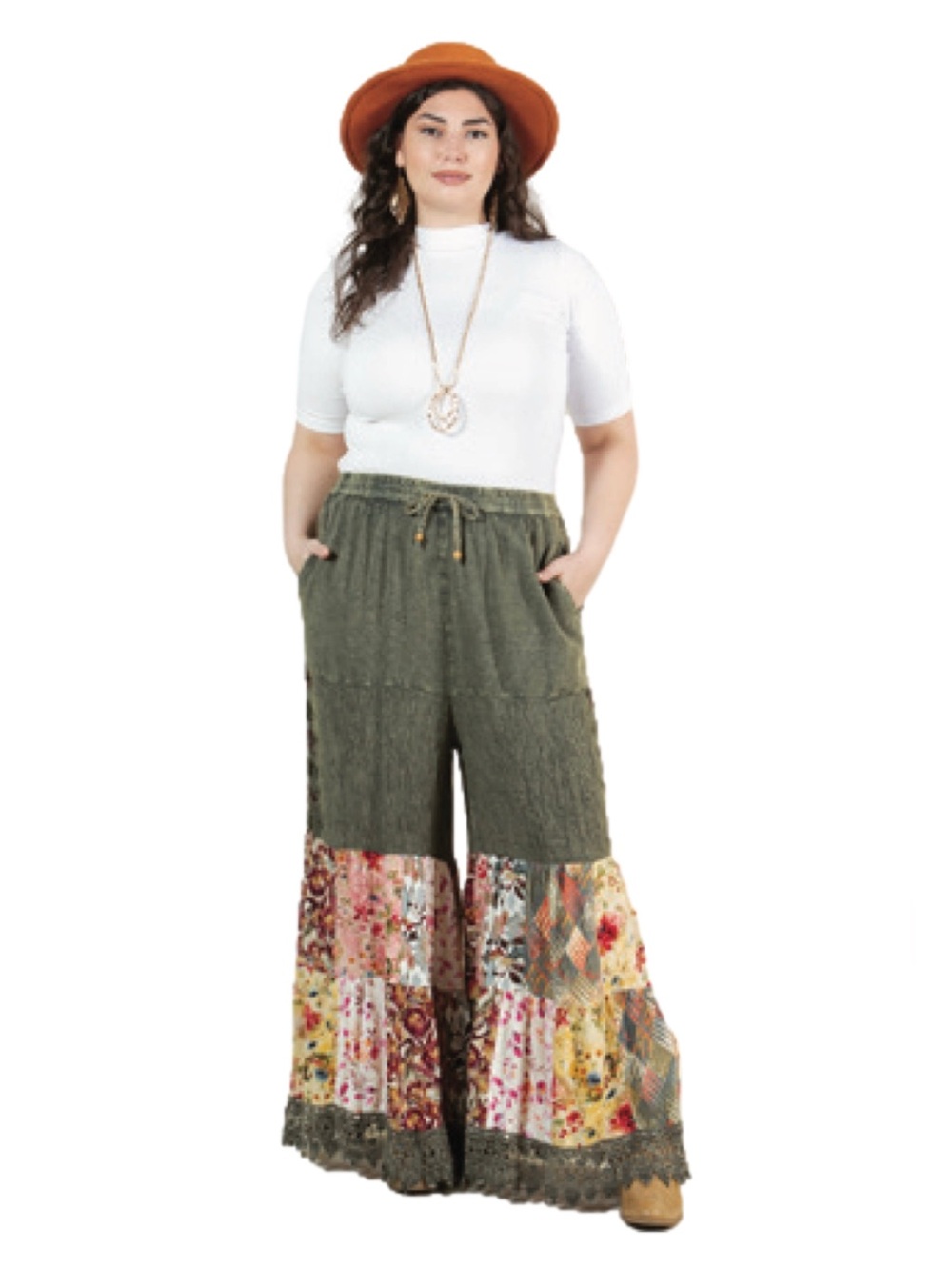YOUNG THREADS Women’s (Gravel) Patchwork Embroidered Mineral Wash Wide Leg Pants